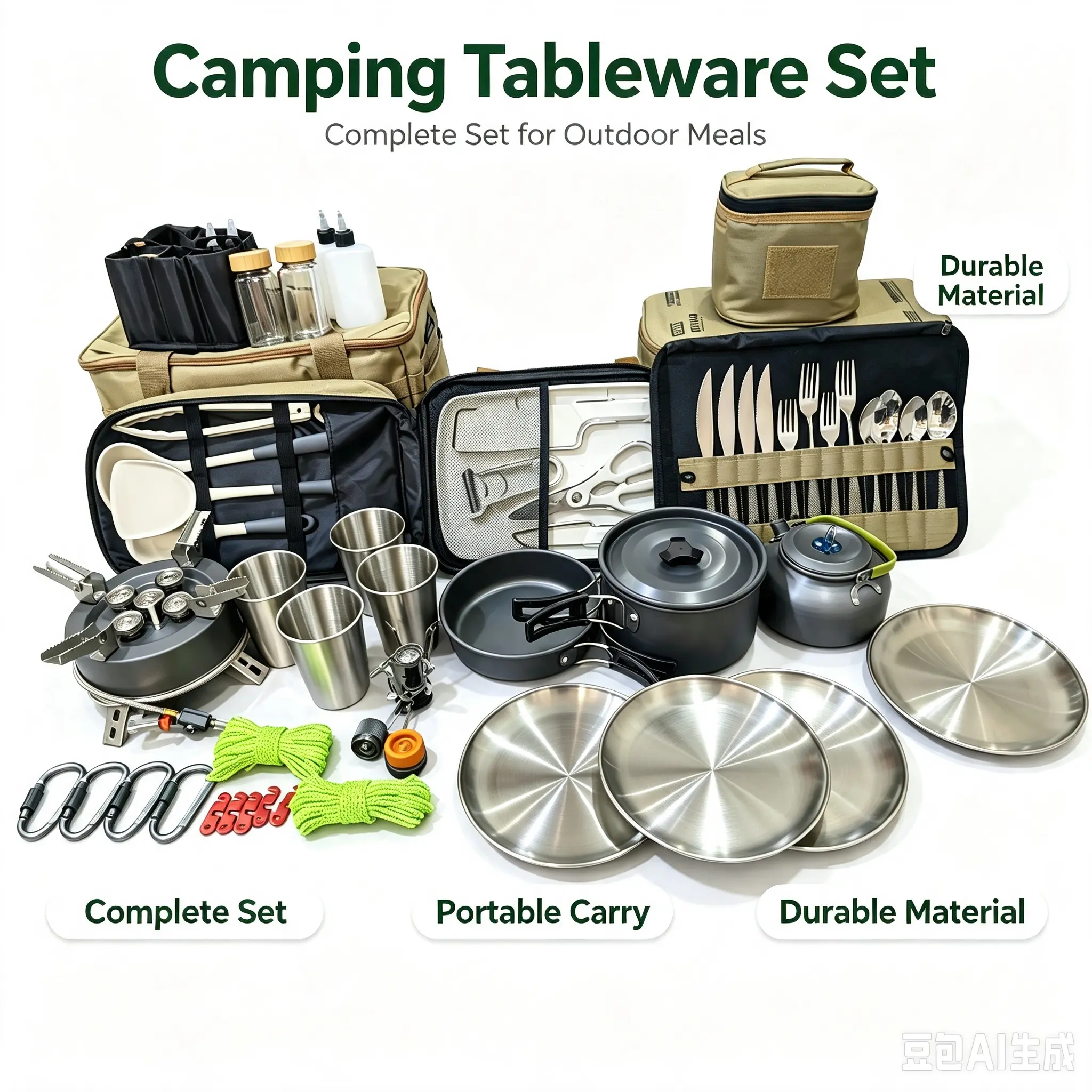 57pcs All-in-1 Compact Camping Cooking Set for 4 People - Camp Kitchen Kit with Storage Bag, Gas Stove, Pots, Utensils, Camping Accessories for Camping, Hiking, Picnic