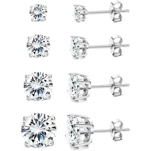4 Pairs （or 2 Pairs ）Big Sparkling Cubic Zirconia Stud Earrings, Hypoallergenic Unisex Studs for Men Women, Daily Summer Outfit Accessories, Thoughtful Holiday Jewelry Gift for Boyfriend