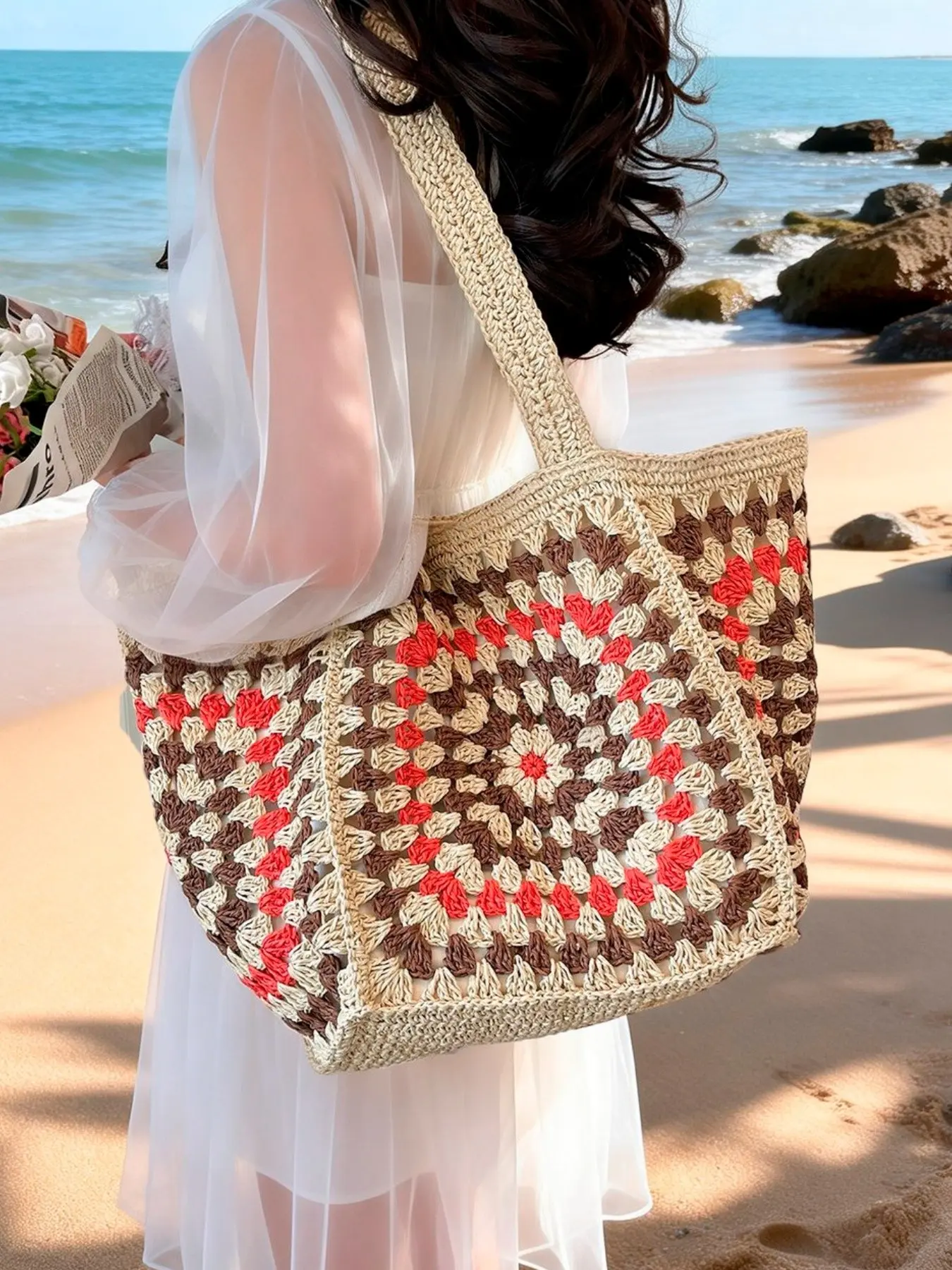 2026 Summer New Ethnic Crochet Tote Bag, Colorblock Pattern Bag, Large Capacity Patchwork Shoulder Bag, Beach Vacation Commute Handbag, Casual Straw Weaving Style