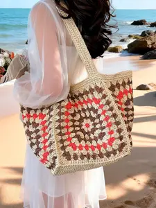 2026 Summer New Ethnic Crochet Tote Bag, Large Capacity Patchwork Shoulder Bag, Beach Vacation Commute Handbag, Casual Straw Weaving Style