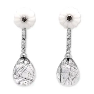 Carved White Onyx & Rutilated Quartz Drop Earrings – 18k White Gold