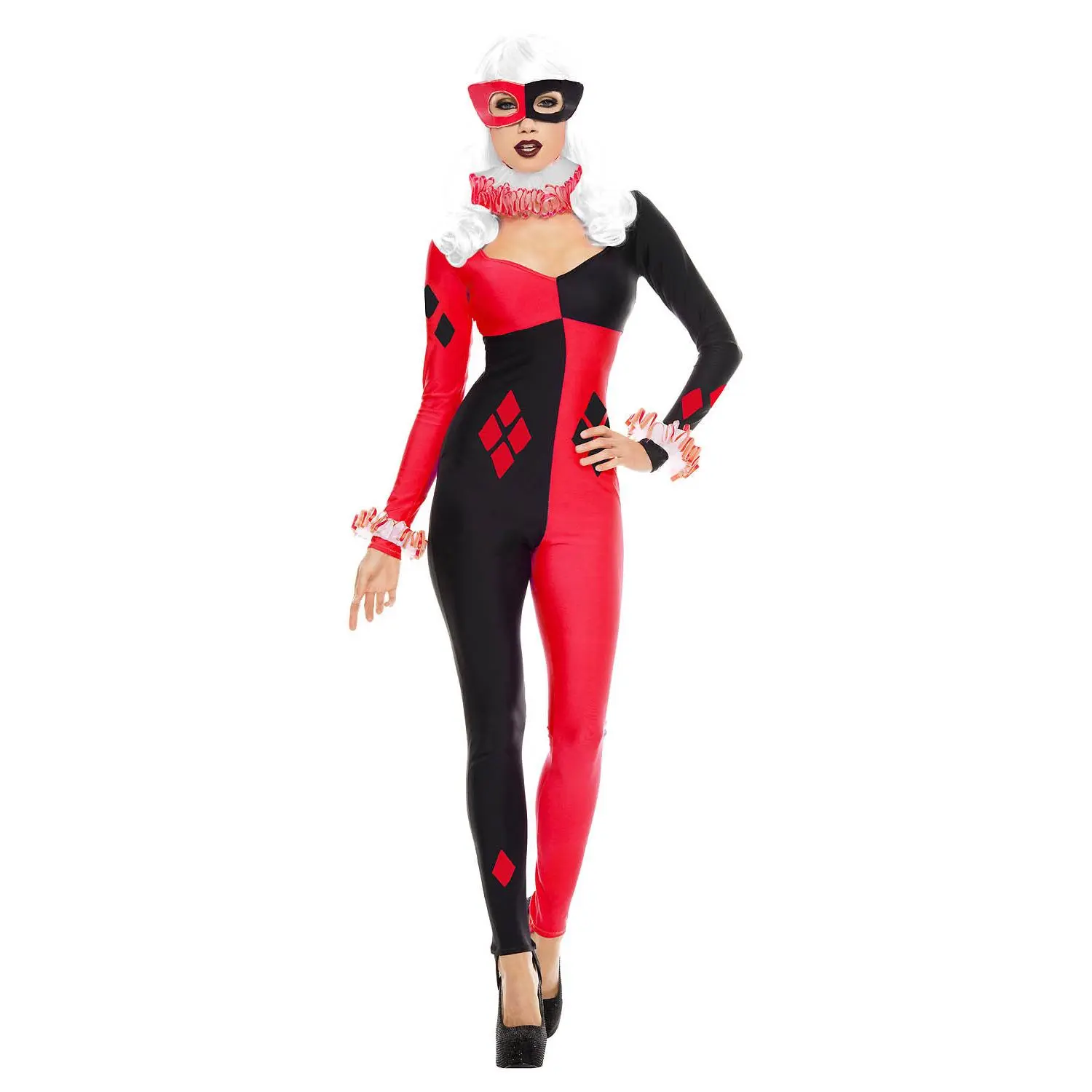 Striking Harley Women Costume – Stretch Jumpsuit, Mask, Choker & Cuffs | Halloween Villain Outfit