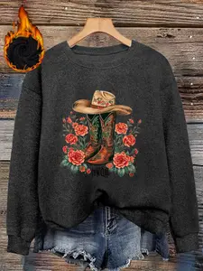 Women's graphic print sweatshirt, crew neck pullover, loose-fitting warm winter top, soft fabric, elegant commuter style.