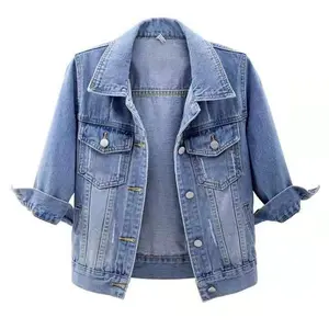 Women Autumn 3/4 Sleeve Retro Short Denim Jackets Light Blue Jean Coats Fit Casual