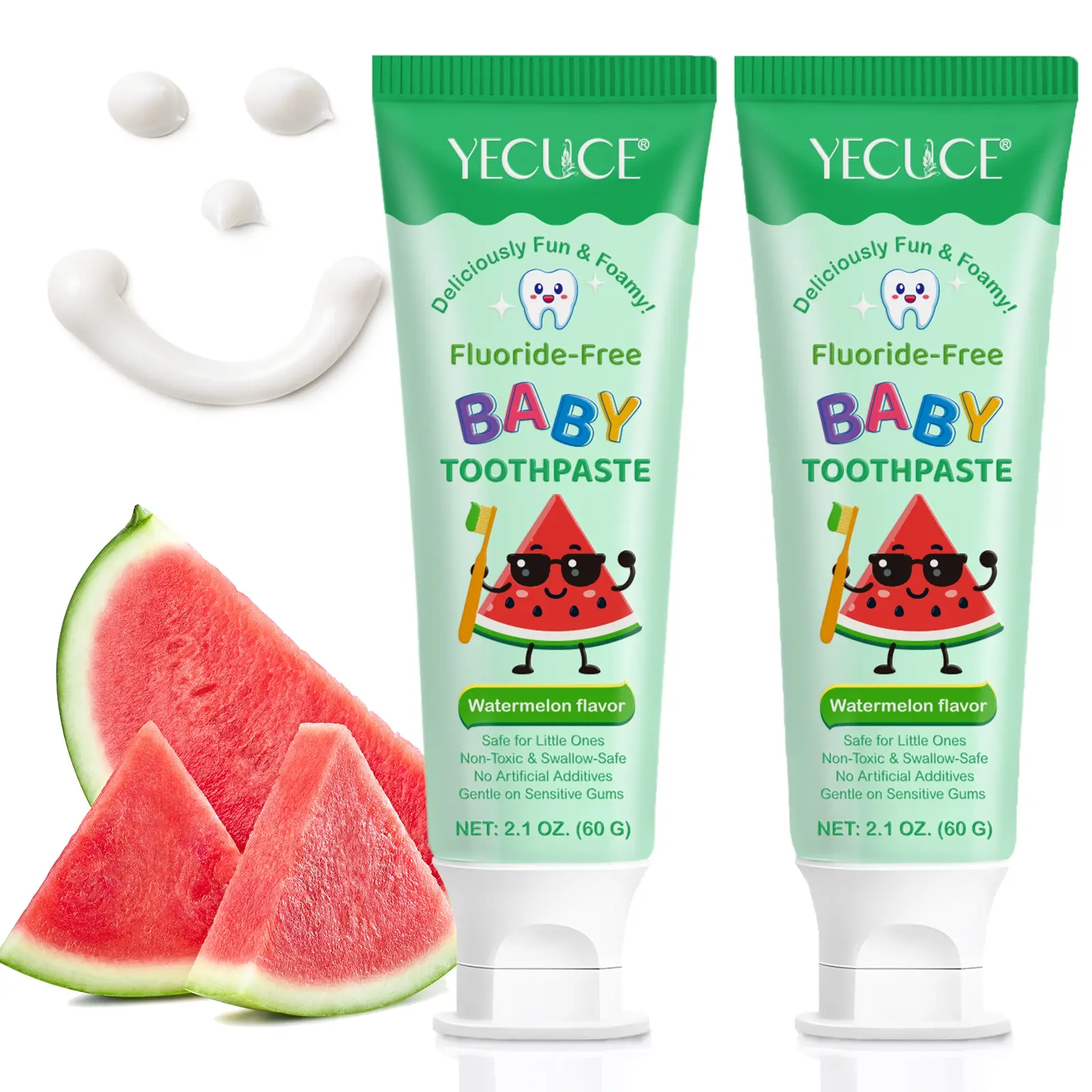 Two-Pack Yecuce Fruit Flavor Dental Care Toddler Toothpaste 60g, Gentle Effective Cleaning, Rich Foam, Fluoride-Free, Sensitive Gums Care, for Kids 2+ Years