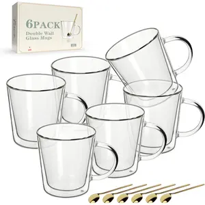 12oz Double Wall Glass Coffee Mugs, Cappuccino Latte  Cups with Handle, Heat Resistant Borosilicate Insulated Clear Glasses (Set of 6)