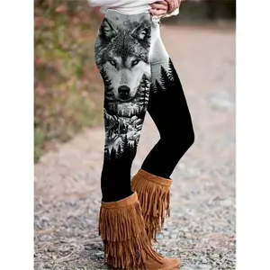All-Season Comfort-Fit Women's Wolf & Forest Print Skinny Leggings - Elastic, Stretchy and Durable