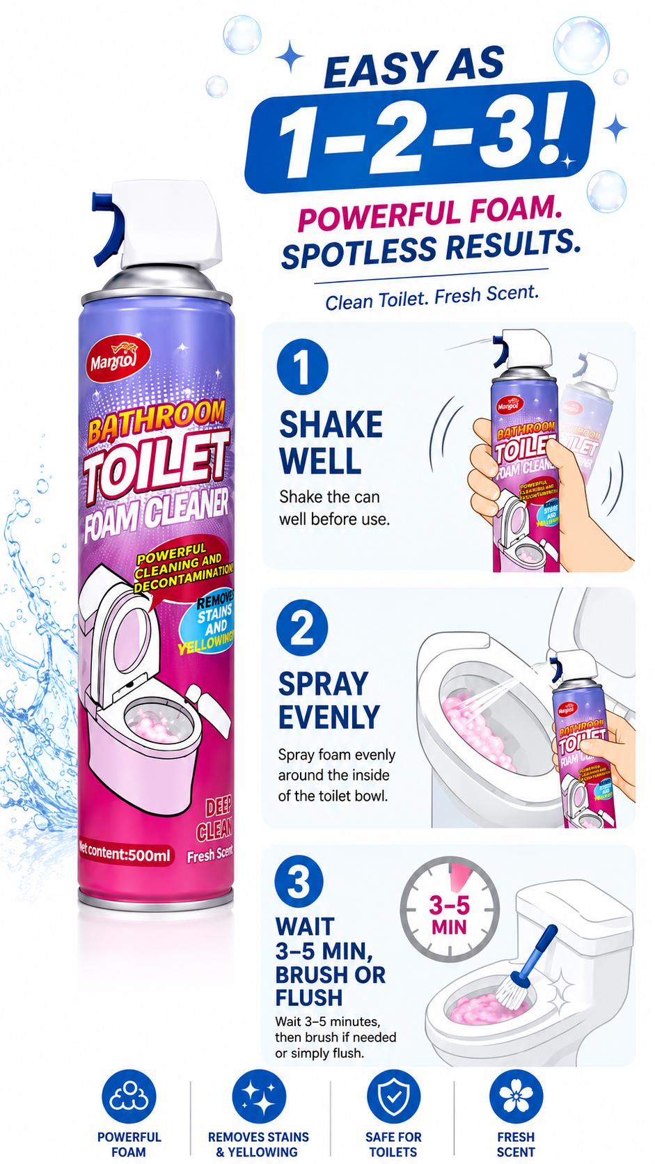 Mingtol Toilet Cleaning Foam Cleaner – Expands to Clean Hard‑to‑Reach Areas, Powerful Stain & Yellowing Remover, Lifts Odors with Fresh White Peach Scent, 500ml Bathroom Household Cleaning Supplies