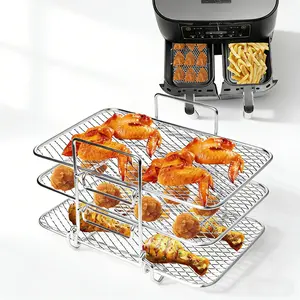Compatible With Ninja DZ201 DZ401 PowerXL, 3-Tier Stainless Steel Air Fryer Rack, Square Multi-Layer Cooking Grid For Dual-Basket Air Fryers, 304 Grade Kitchen Accessory
