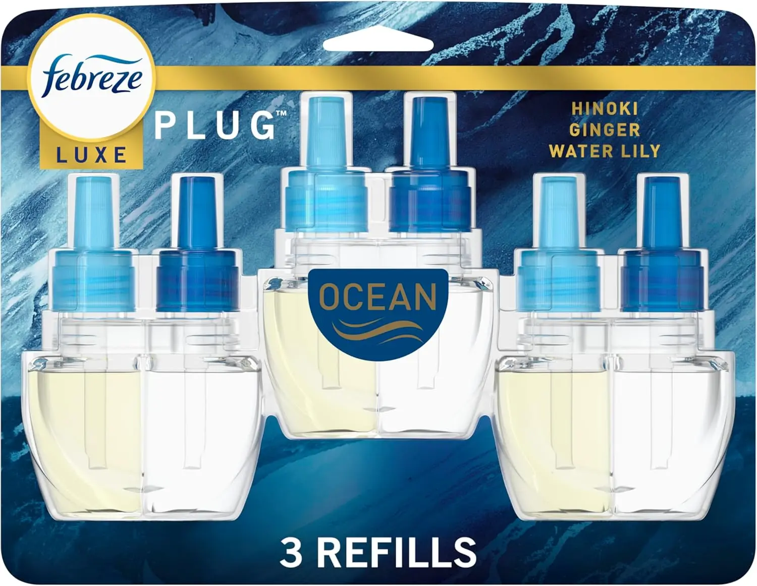 FEBREZE Luxe Plug Odor-Fighting Scented Oil Refill - Ocean Fragrance Aroma Room Freshener, 0.87oz, Long-Lasting for Strong Odors, 3-Count Pack Refills, USA-Made
