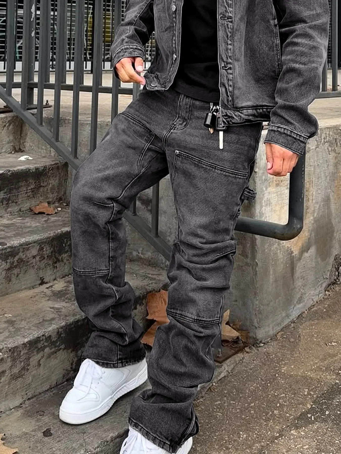 Men's High-Waisted Denim Pencil Pants, Washed Solid Color Elastic Patchwork, Casual All-Season Wear, Comfortable Fashion Design