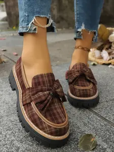Vintage Color Block Plaid Bow Single Shoes Thick Sole Anti-Slip Loafers Women