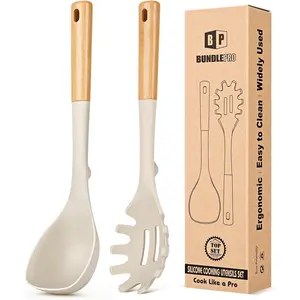 Silicone Soup Ladle and Spaghetti Spoon Set with Wooden Handle, Non Stick Heat Resistant Kitchen Utensils for Cooking, Stirring, Serving Pasta, Soup & Sauce(KHAKI)