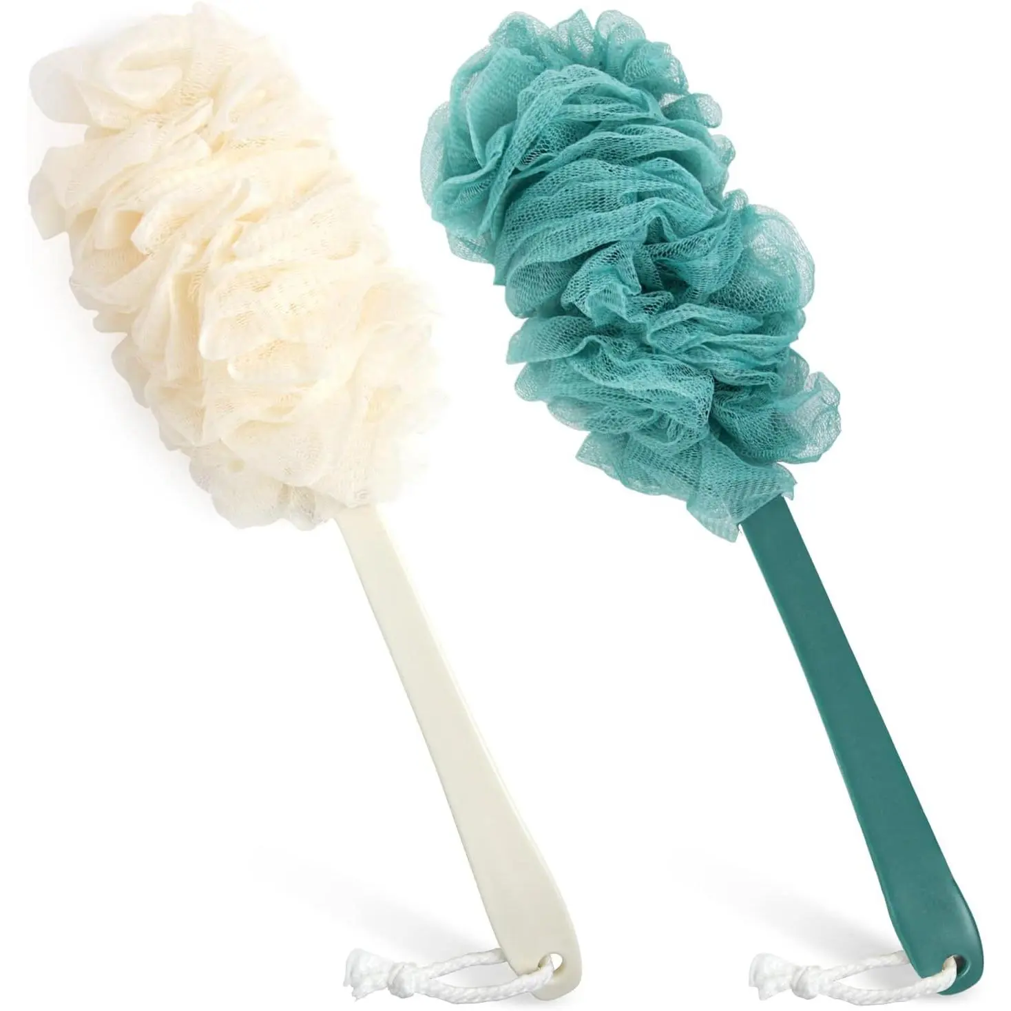 Men’s 2-Pack Long Handle Loofah Back Scrubber Bath Brushes - Long Reach Exfoliating Body Scrubber with Thick Bristles, Mesh Sponge, Rich Foam, Quick-Dry Bathing Accessories (Blue and White) for Enjoying Your Bath Time, Enjoy Your Bath Time