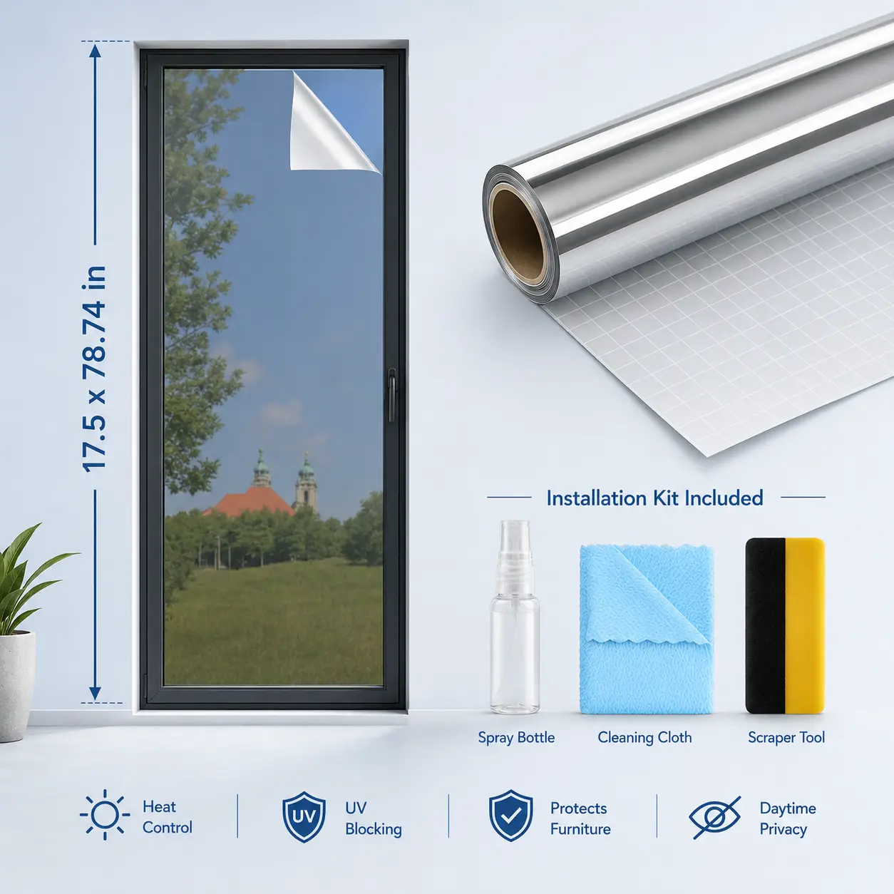 1-Way Reflective Window Privacy Film, UV Blocking Heat Control for Home Office Daytime Use, 17.5x78.74 Inches