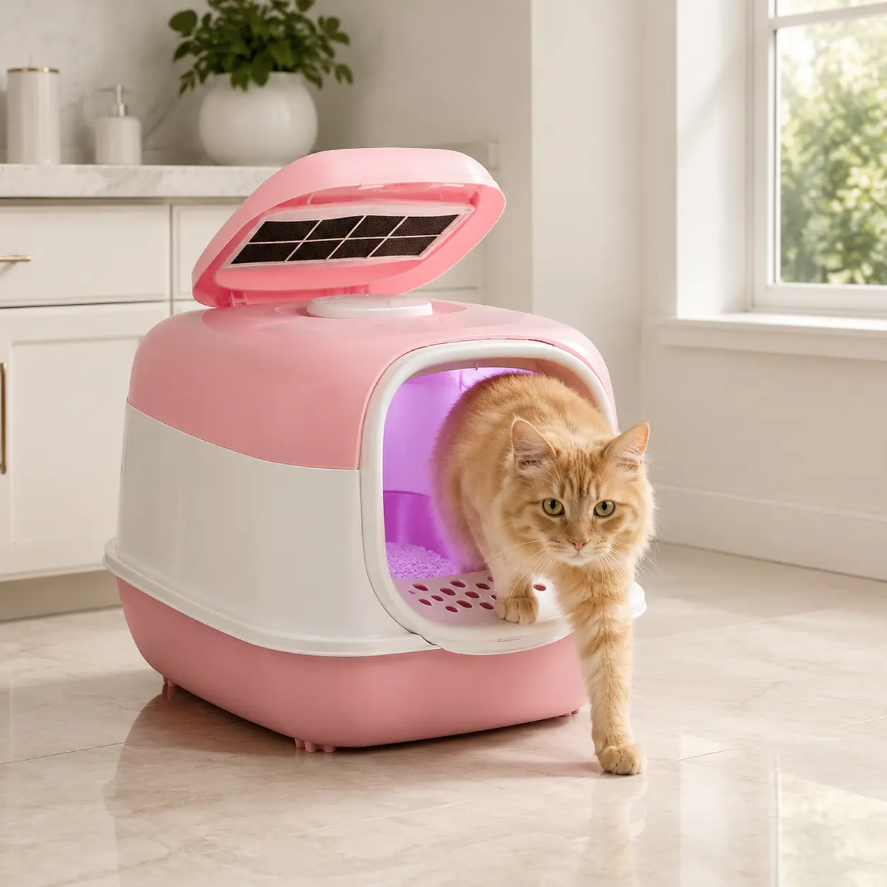 UV sterilization fully enclosed cat litter box with a 180° flip , anti-litter spill strap, litter filter platform, activated carbon odor lock, removable for cleaning, spacious design suitable for chubby cats flip-top lid scoop pull-out non-stick bottom