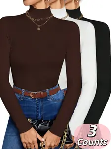 3 Counts Women's sual Turtleneck Long Sleeve Tight Fit Fitted Base Layer T-Shirt, Slim High Collar White Tops, Basic Warm, Thermal Going Out Loungewear Tops For Fall & Winter, Knitted Fabric Shirt, Suitable For Daily Wear Fashion Wear