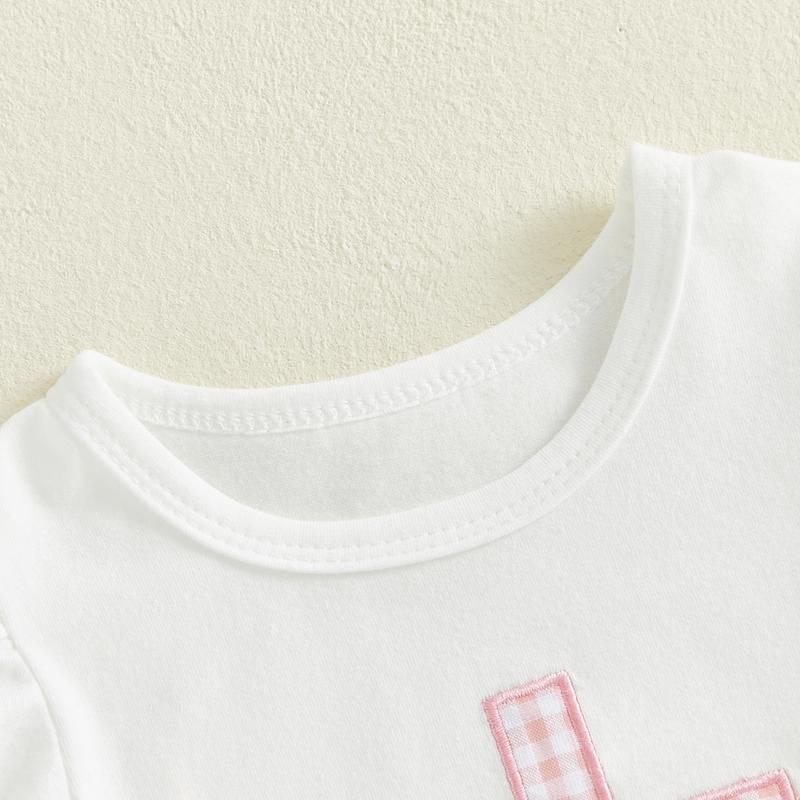 Toddler Baby Little Girls Easter Outfits Cross Animal Embroidery Short Sleeve T-Shirt and Plaid Shorts Set 3M-3Y