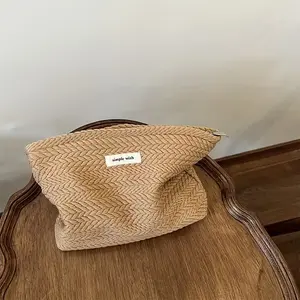 Elegant Rice Ear Pattern Woven Fabric Handbag, High-End Makeup Bag, Literary Style Zipper Square Pouch, Stylish Carryall, Textured Bag, Elegant Bags
