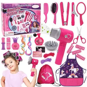 Mothers Day Gift Hair Salon Toys for Girls Beauty Salon Set with Pretend Play Hair Salon Stylist Toy Kit with Barber Apron, Hair Dryer, Mirror, Scissors and Styling Accessories