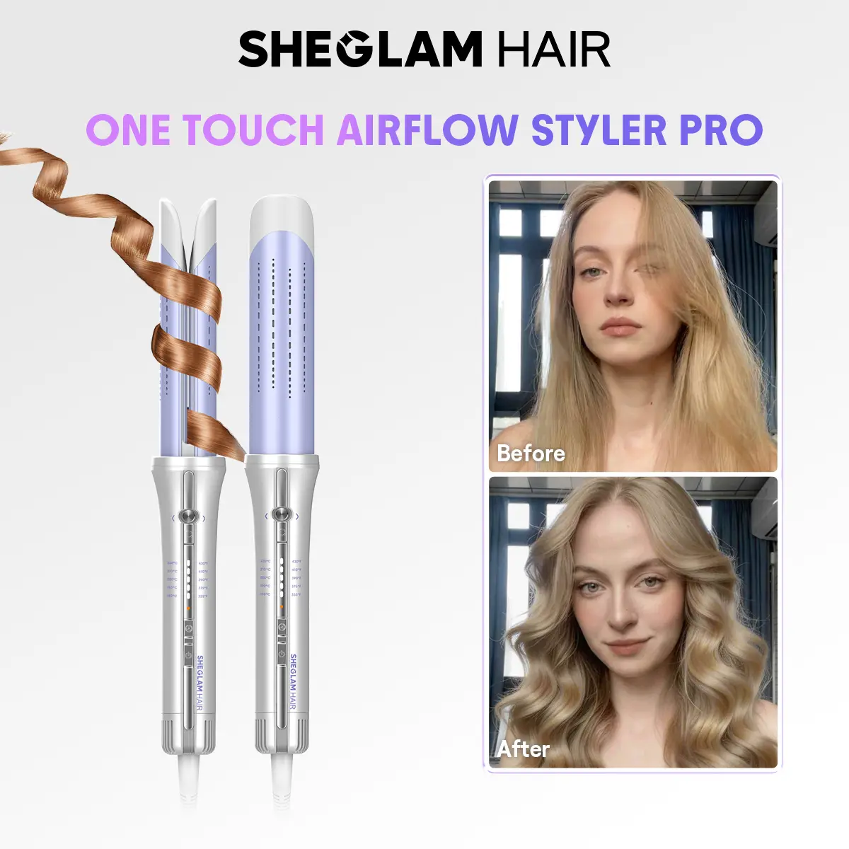SHEGLAM HAIR One Touch Airflow Styler Pro-Silver Purple, Cool Air Auto Rotating Curling Iron, 5 Min Quick Styling, 360° Cooling Airflow, One Touch, Long Lasting, 5 Temps, Anti Scald, Auto Off, All Hair Types, US Plug-Coachella-#Summervibes-mothersdaygift