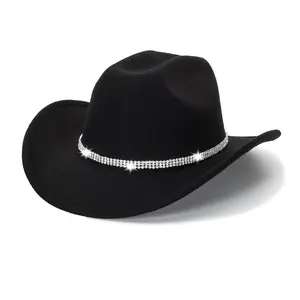 Womens Shiny Rhinestone Cowgirl Hat Wide Brim Western Jazz Themed Party Cap Classic Design Wool Felt Circumference 56-58cm