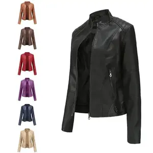 Cross-border European size women's leather jackets, women's slim jackets, thin spring and autumn coats, women's motorcycle clothes, large size stand-up collar leather jackets
