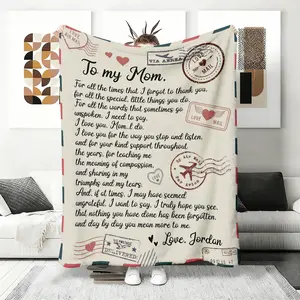 'Air Mail to My Mom’ Vintage Flannel Blanket, Love Letter Print Fleece Throw with Postal Stamps, Heartfelt Thank You Gift for Mom from Daughter Son, Soft Pink Plush,  bedding,mellow blanket