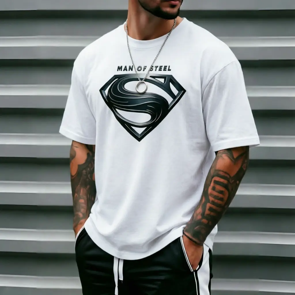 Justice League Men's Casual Crew Neck T-Shirt Man of Steel Graphic Print short-sleeved Ideal for Spring/Summer Everyday Tshirt | Playful Text Design | Comfortable Fit SIZE Size S-XXL white tee Unisex Vintage clothes boys merch YX424