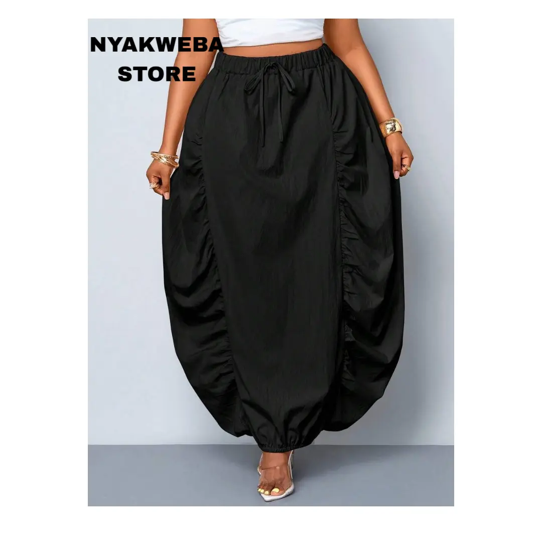 NYAKWEBA Women's Boho High Waisted Parachute Maxi Skirt – Beige Elastic Drawstring Ruched Side Balloon Cocoon Long Skirt for Summer Beach Vacation