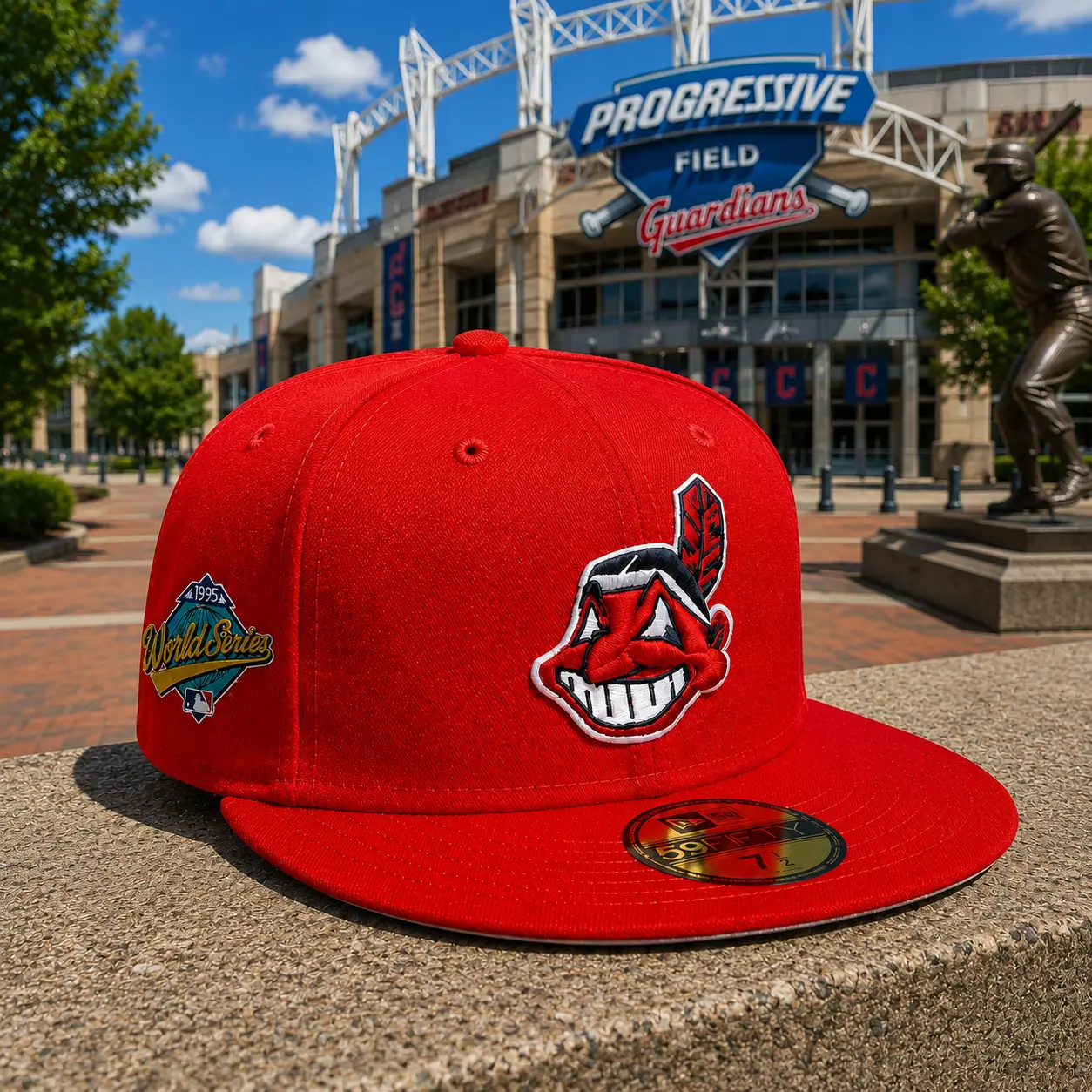 New Era Cleveland Indians Red 59FIFTY Fitted Hat – 1995 World Series Side Patch MLB Flat Brim Cap