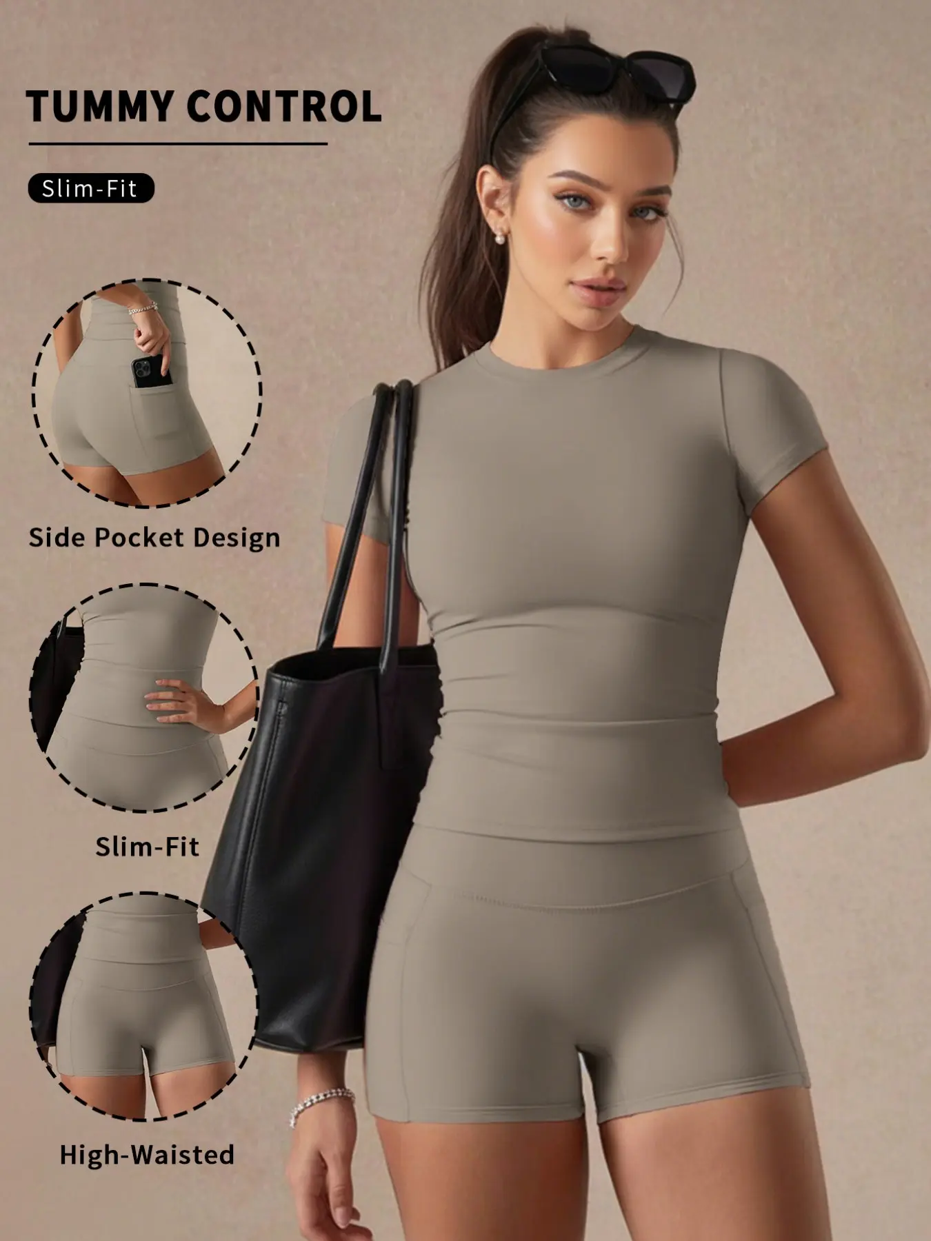 2PCS Women's Workout Set Tummy Control Short Sleeve Top High Waisted Pocket Yoga Shorts Gym Outfit Sportswear Fitness Wear For Gym