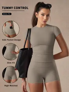 Oatmeal Commuter Sport Two-Piece Set, Slim Fit Short Sleeve Sporty Round Neck & High Waist Shorts, Breathable Stretch Fabric, Casual & Office Wear, Workout Sets Women, Sports Tummy Control