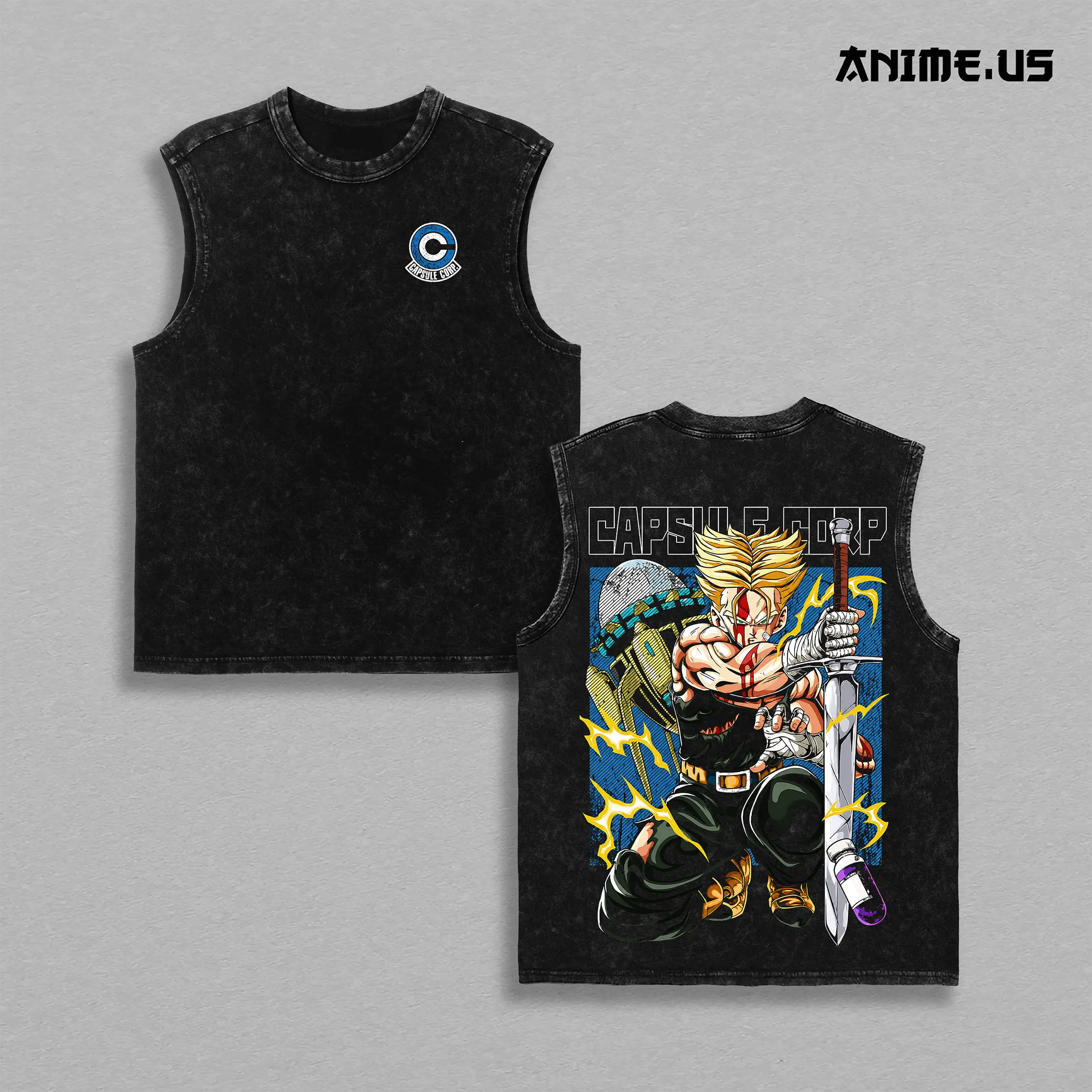 Future Trunks Super Saiyan Sword Vintage Washed Anime Tank Top, DBZ Double Printed Heavyweight Cotton Oversized Sleeveless Streetwear