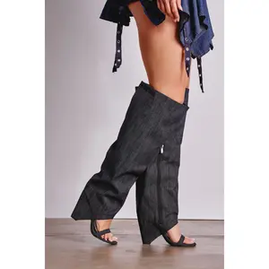 AZALEA WANG VEONA DARK DENIM OVER THE KNEE CHUNKY HEEL SANDAL