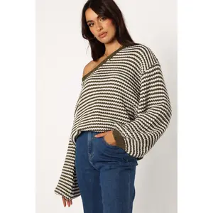 Becca Crewneck Waffle Stitch Stripe Knit Sweater - Olive