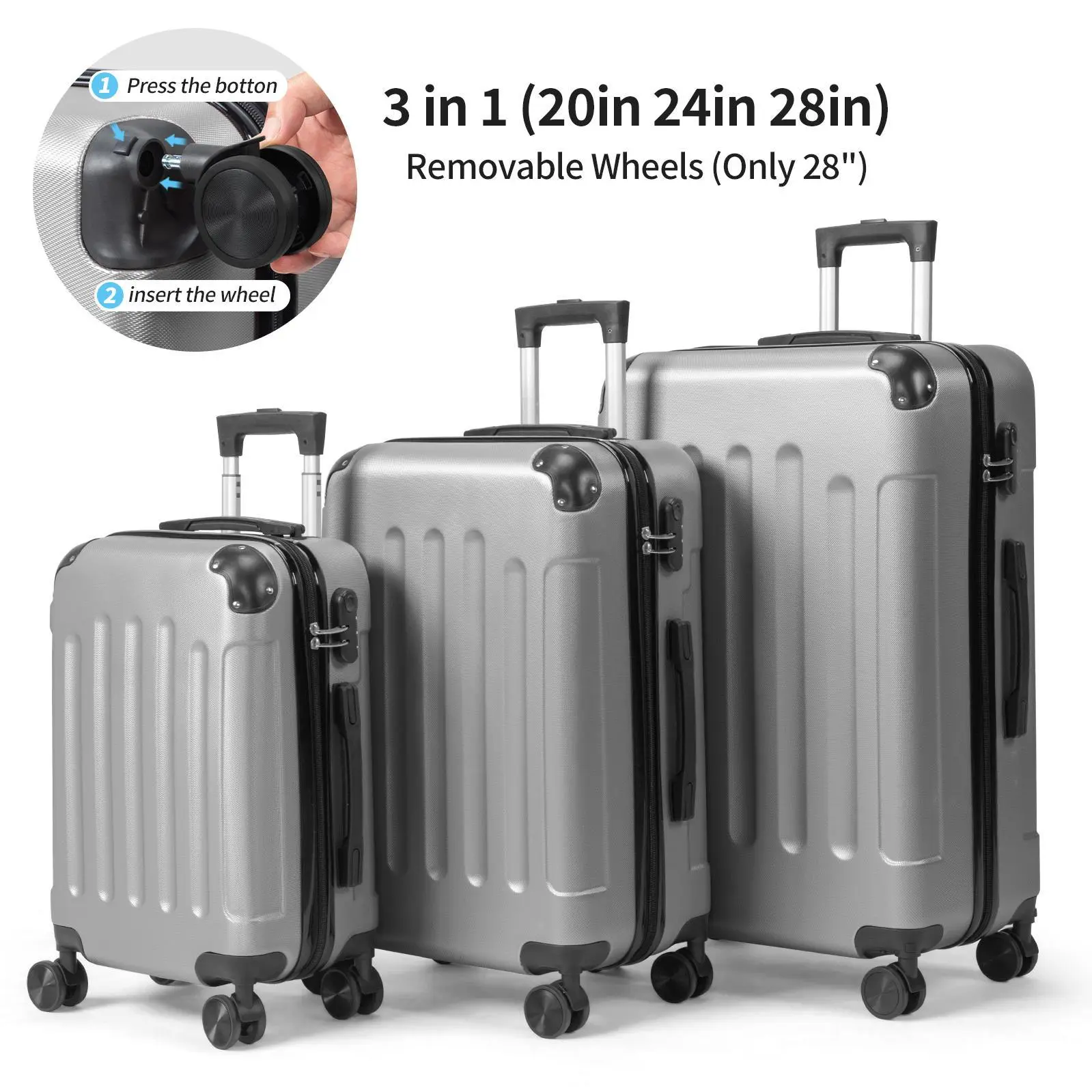 3Pcs Hardside Luggage Set with Detachable Wheels, 20/24/28 Inch Lightweight ABS Suitcase with Lock & Spinner Wheels, Durable Travel Trolley Bag, 28-inch Detachable Wheels, Dark Gray