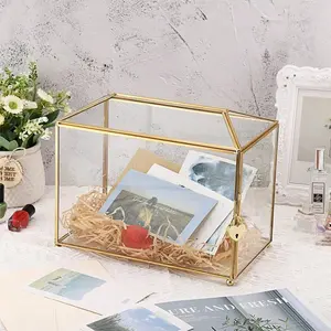 Elegant Golden Glass Card Box With Lock And Slot - 10. 2 X 5. 9 X 8. 3 Inches, Large Transparent Geometric Design For Wedding Receptions, Birthday Parties, And Gift Decorations (Glass Box Only), Gift Presentation Box, Glass Storage Box
