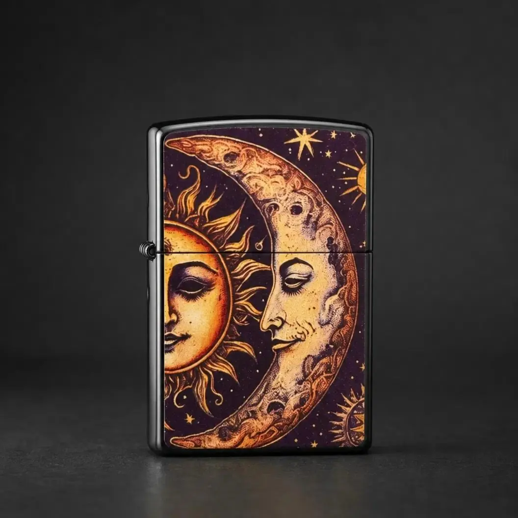 Sun & Moon Celestial Windproof Refillable Fluid Metal EDC Pocket Lighter - Home Accessories - Cosmic Aesthetic Gift for Him (Fuel Not Included)