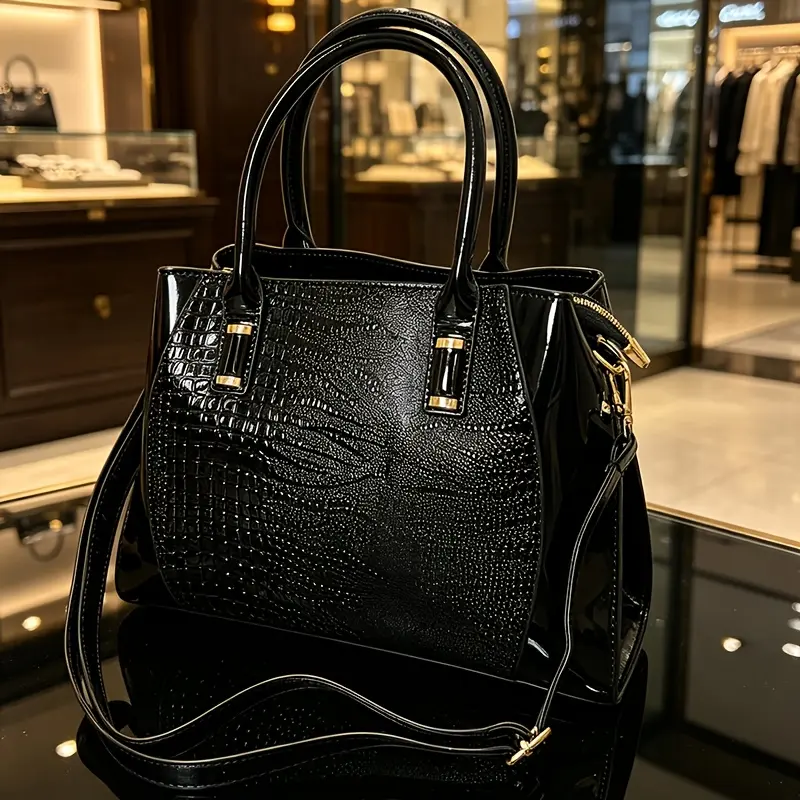 Women's Chic Retro Faux Leather Waterproof Croco Texture Handbag - Black, Gold Accents, Adjustable Strap, Crossbody & Handheld, Ideal for Daily Commute & Casual Trips, Double Handle
