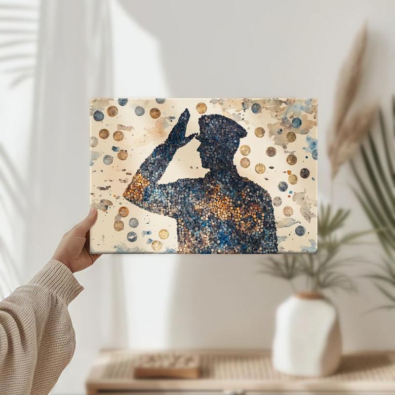 watercolor mosaic composed entirely of tiny painted military medals that form a larger image of a saluting silhouette when viewed from a distance, Wrapped Framed Canvas Wall Art, Vintage Prints Poster - Framed, Horizontal Decor Wood
