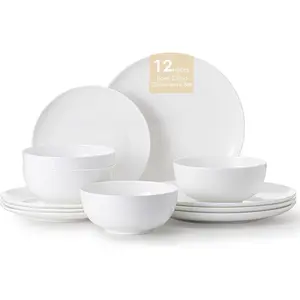 12-   Dinnerware Set for 4, Lightweight Porcelain Round Plates and Bowls Set, Durable Scratch Resistant Ceramic Dinner Set, Microwave & Dishwasher Safe,  White