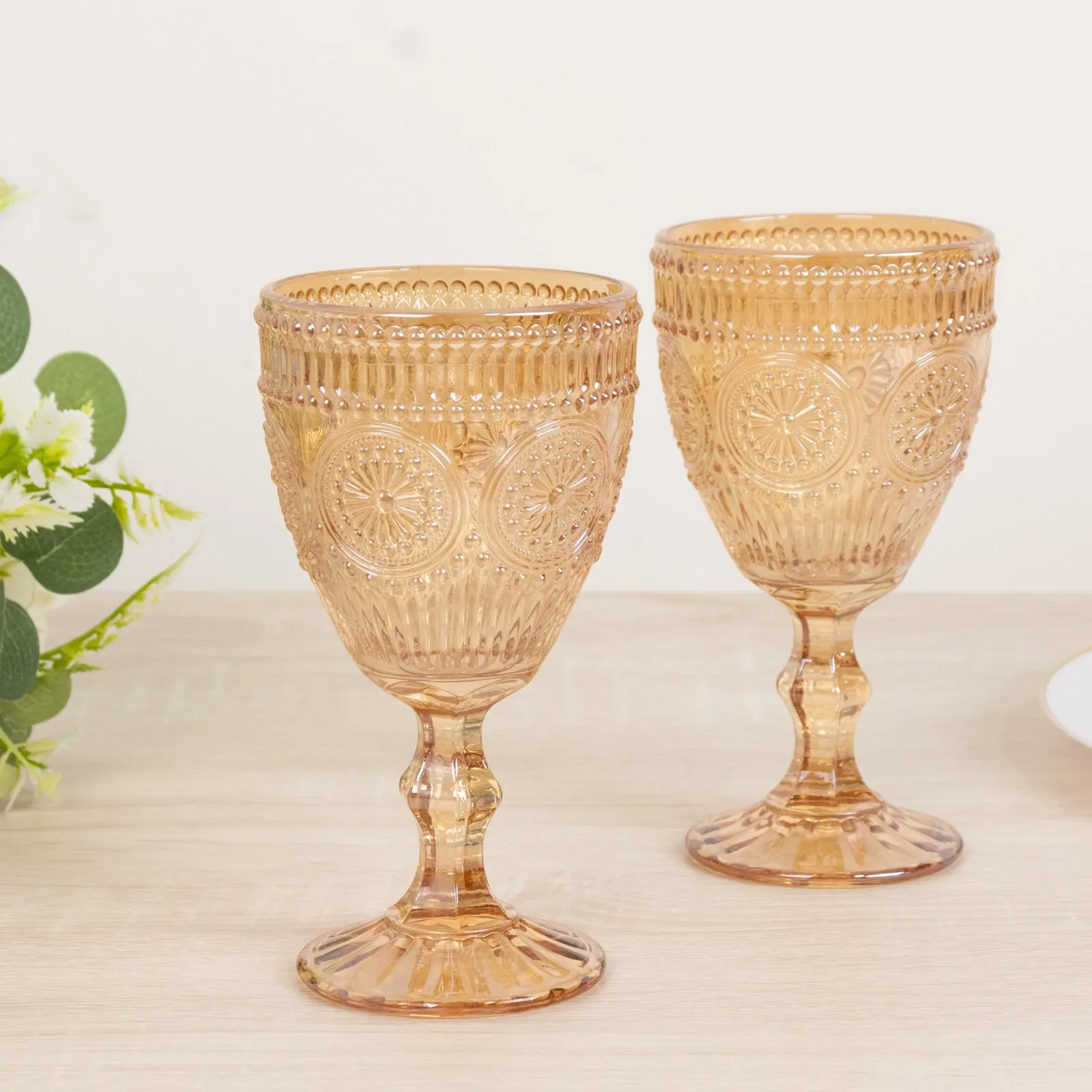 6-Pack Stylish Drinkware Amber Gold Vintage Goblets - 11oz Embossed Floral Glasses for Parties, Dining Cocktails & Wine, Six-Pack