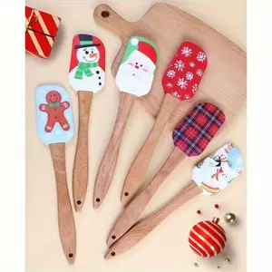 Christmas Shovel with Santa Claus Snowman Plaid Design, Non-Stick Kitchen Utensil, Baking Cake Decoration Cooking Tool, Recycled Wood Handle