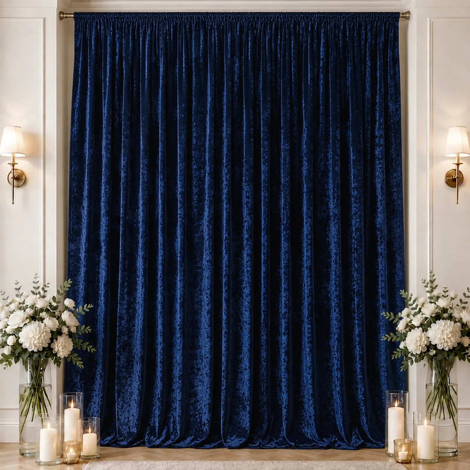 Navy Blue Premium Crushed Velvet Backdrop Curtain 10ft x 16ft – Ceiling Drape Panel & Stage Backdrop with Rod Pocket, 70% Blackout