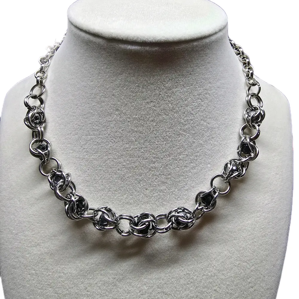 Chainmail Choker Necklace with Black and Silver Beads - Simple Design Featuring Interlocking Chains and Beads