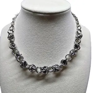Chainmail Choker Necklace with Black and Silver Beads - Simple Design Featuring Interlocking Chains and Beads