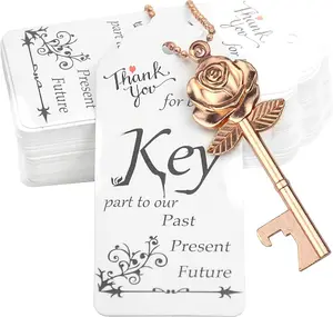 Bulk 100 Rose Flower Shaped Keys Wedding Favors Gift for Guest Bulk Skeleton Key Bottle Opener with Card and Chain for Rustic Party Bridal Showers Decorations