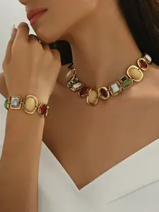 Vintage Multicolor Stone Choker Necklace & Bracelet Set, Retro Gold-Tone Statement Jewelry with Colorful Inlaid Gems, Elegant Design for Women, Versatile for Formal Occasions, Parties & Daily Wear, Perfect Gift for Her, Bracelets Set