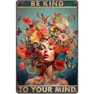 Trendy Poster Boho Posters Mental Health Wall Art-Aesthetic For Women-Be Kind To Your Mind-Work Desk Accessories Women Metal Retro Wall Art Decor Vintage Tin Signs 8x12 Inch Room Decoration Ornaments Artistic Photo Print